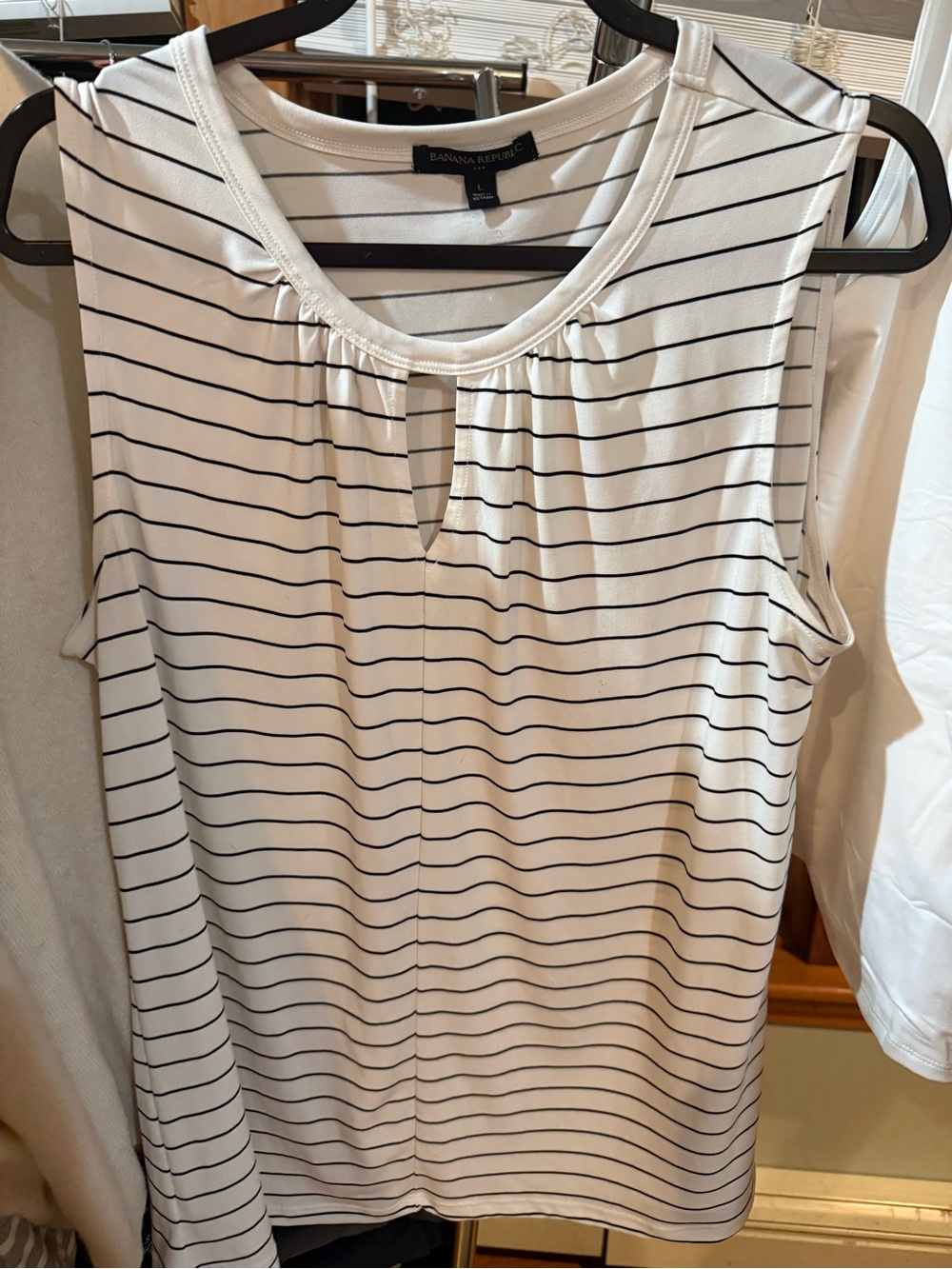 Banana Republic White Tank with Thin Black Stripes and Keyhole